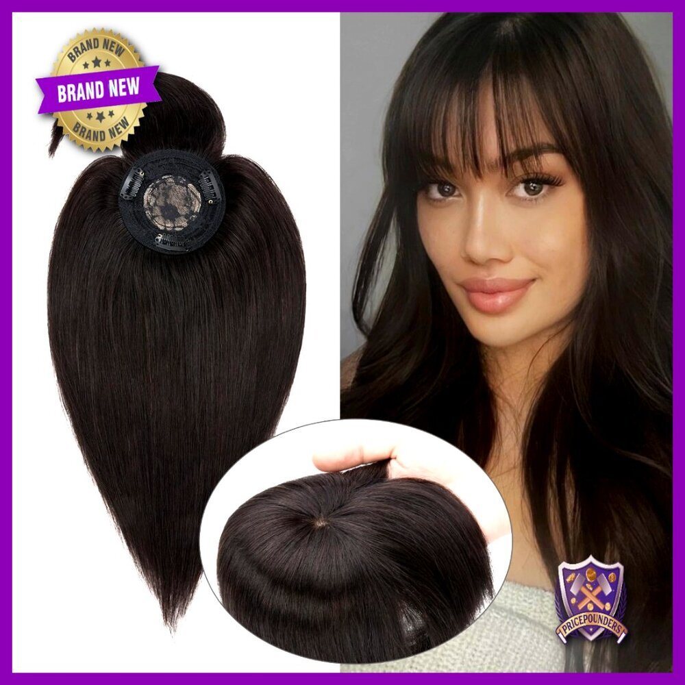 Human Hair Clip-In Topper Mono Base Middle Part Bangs Elegant Chic
